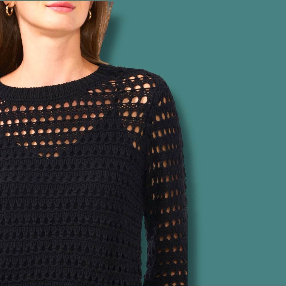 EUC HALOGEN Open Knit Crew Neck Sweater in Black. Size XXS - Picture 4 of 12
